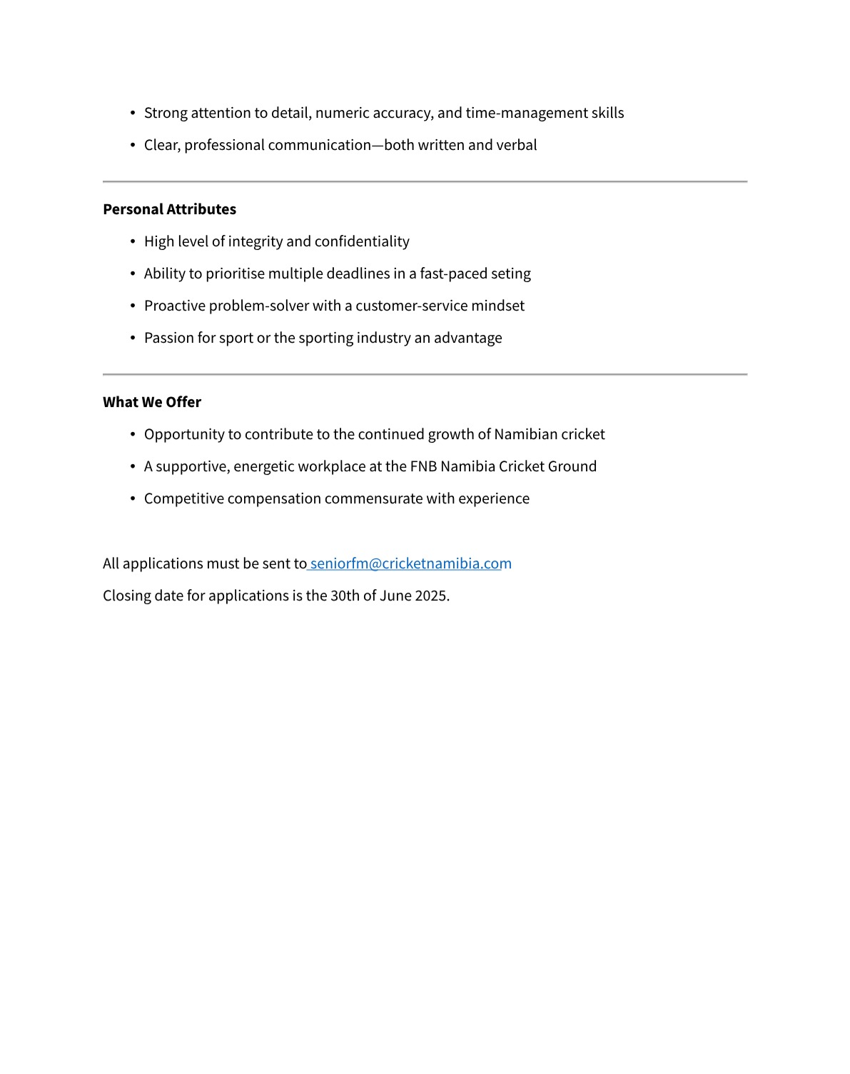 Finance Assistant Vacancy At Cricket Namibia