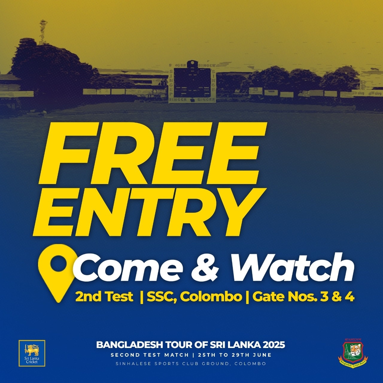 Free Entry For Sri Lanka Vs Bangladesh Test Sri Lanka Cricket makes stadium entry free at SSC Colombo for the 2nd Test vs Bangladesh!!