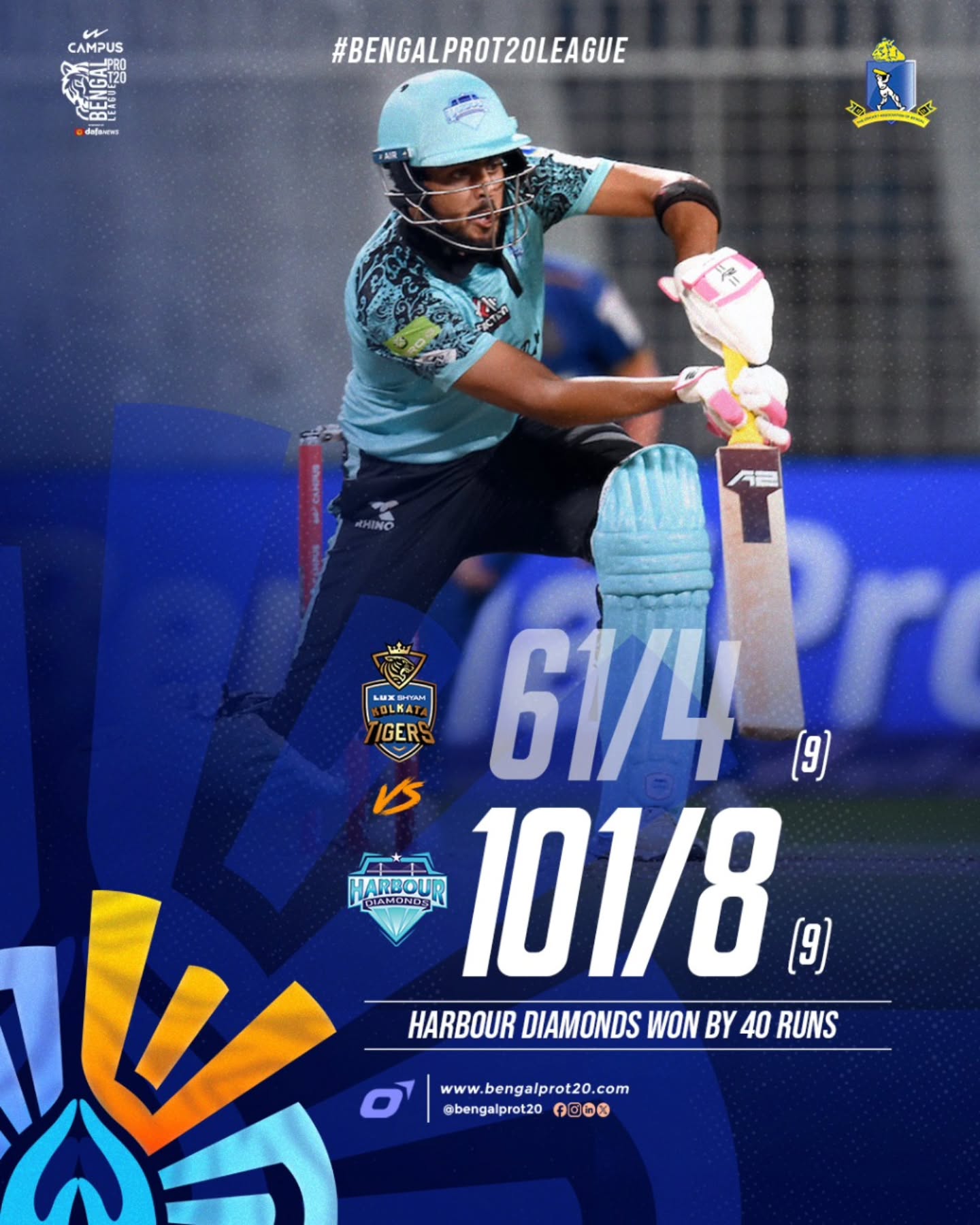Harbour Diamonds Clinch Thrilling Night Win Harbour Diamonds secure a critical win under lights in a T20 thriller at Bengal Pro T20!!!