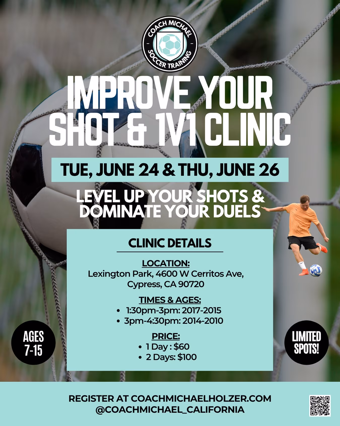Improve Your Shot & 1v1 Clinic: Train With Coach Michael Boost your soccer skills with high-intensity drills and personalized coaching in Cypress, CA.