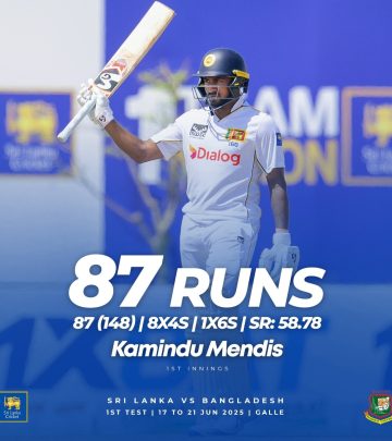 Cricket scene unfolds as Mendis delivers pivotal runs in Sri Lanka match amid pressure.