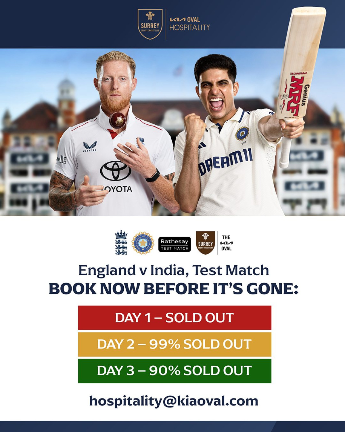 Secure your spot at Kia Oval for an epic clash as England and India battle in Test cricket.
