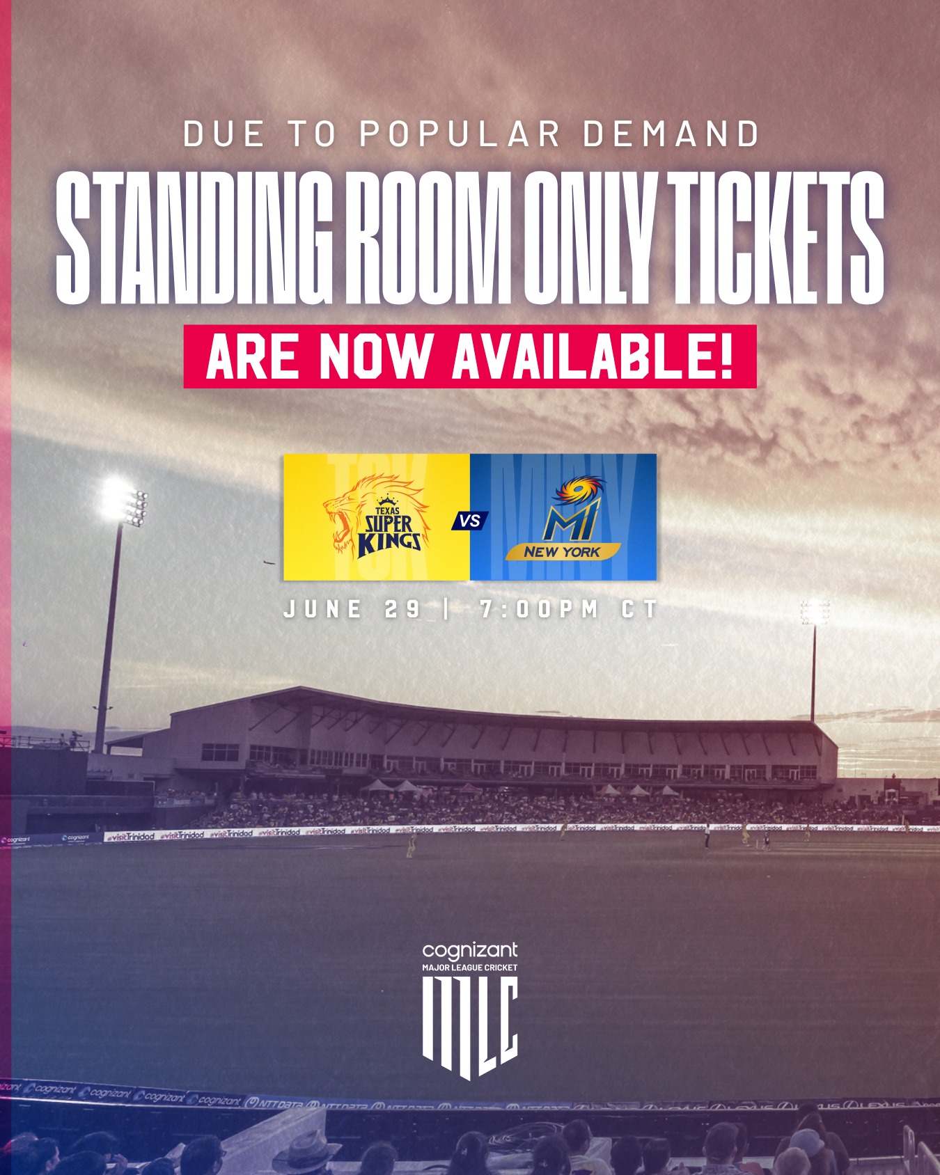 Secure your chance to witness history as Texas Super Kings face MI New York tonight. ASAP!