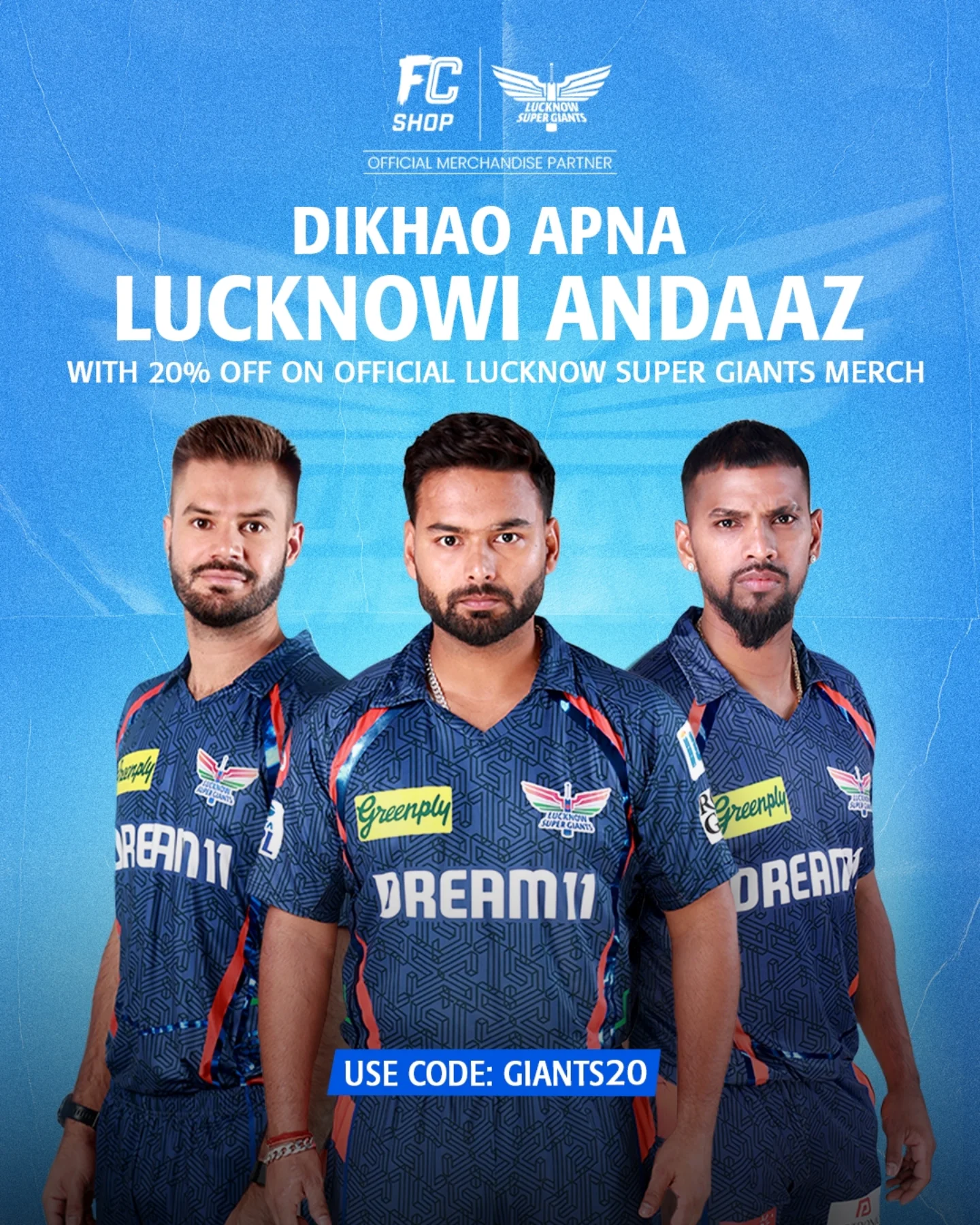 Grab exclusive LSG gear at 20% off with code GIANTS20 on Lucknow Super Giants merch - now
