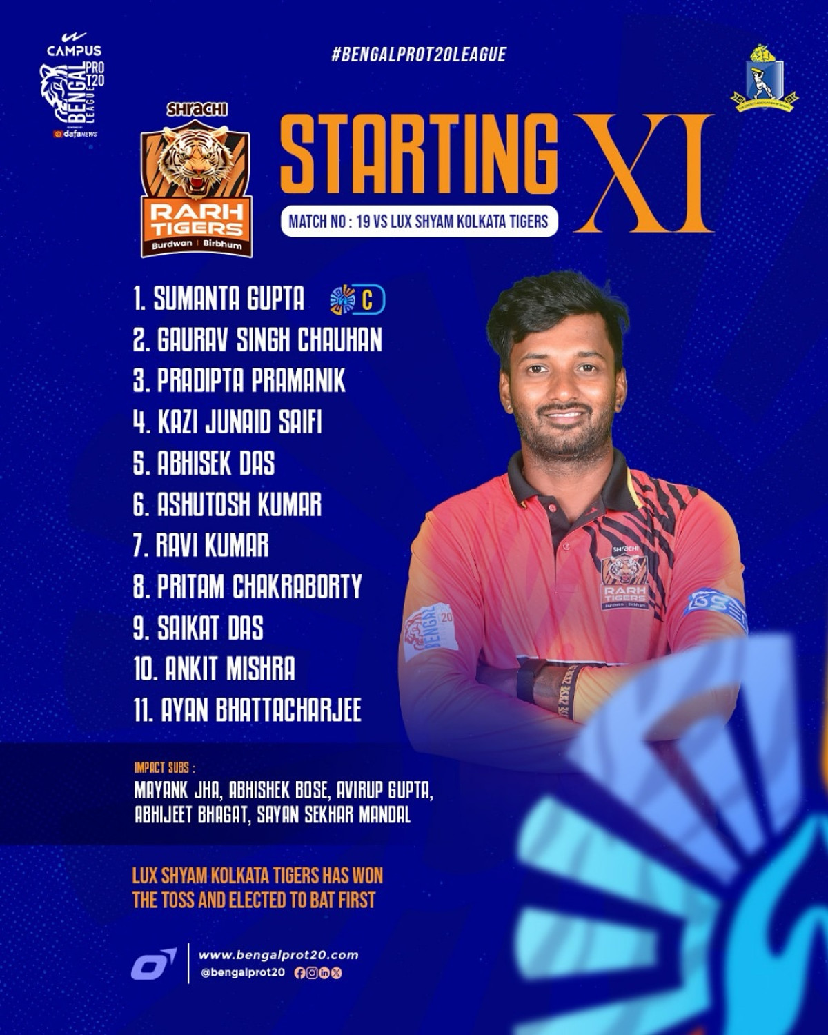 Lux Shyam Tigers Win Toss, Bat To Set Tone Bold selections and a strong bench fuel anticipation for an electrifying T20 clash ahead.
