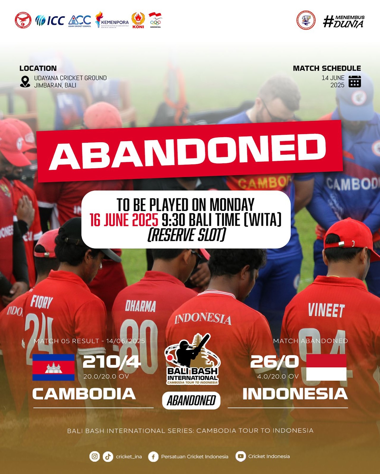 Match 5 Abandoned Due To Rain In Cambodia Tour Rain disrupts Cambodia tour; match 5 deferred to Monday, June 16, 2025 for a fresh restart.