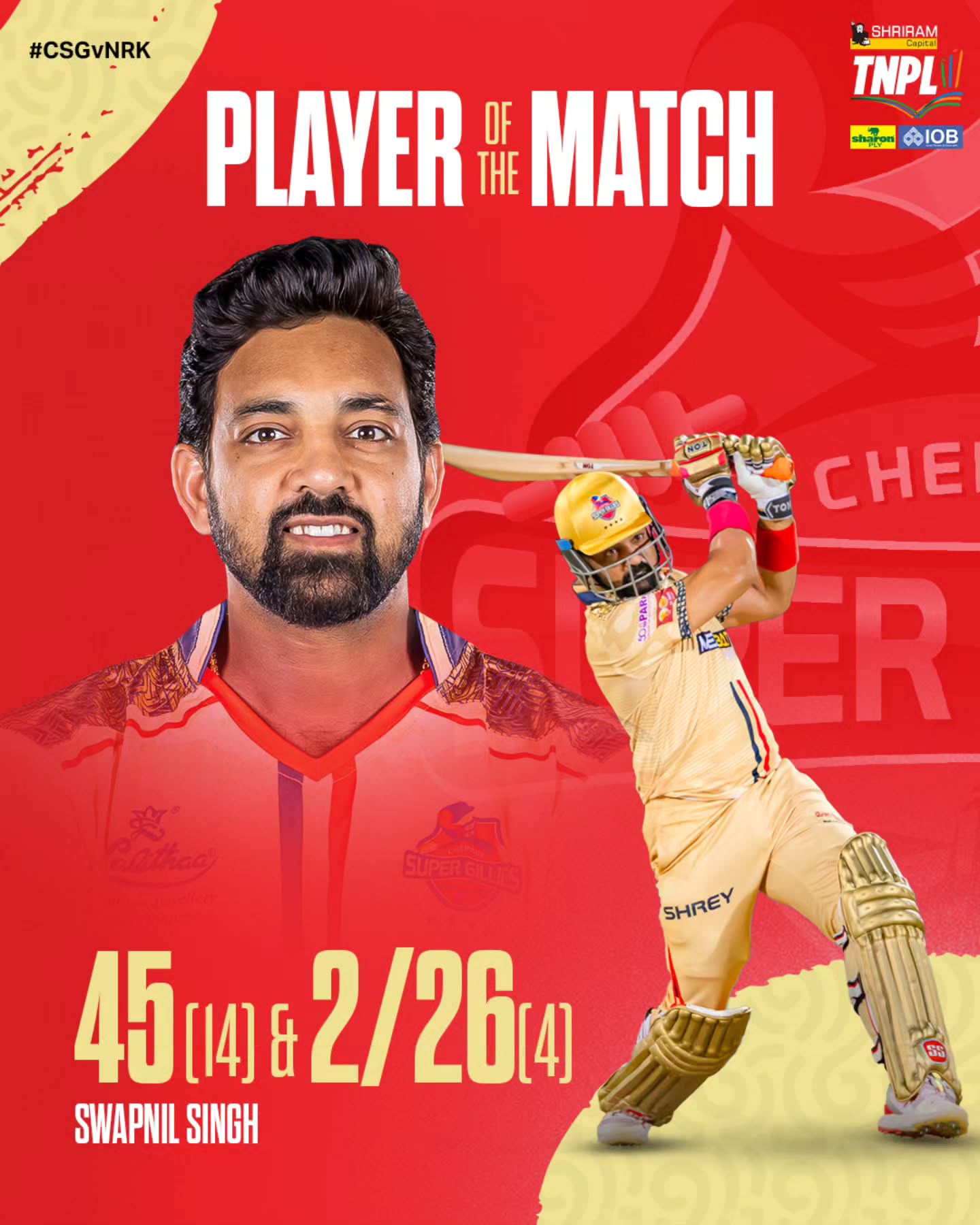 Thrilling performance on the field as Swapnil Singh clinches tonight's top honors in TNPL.