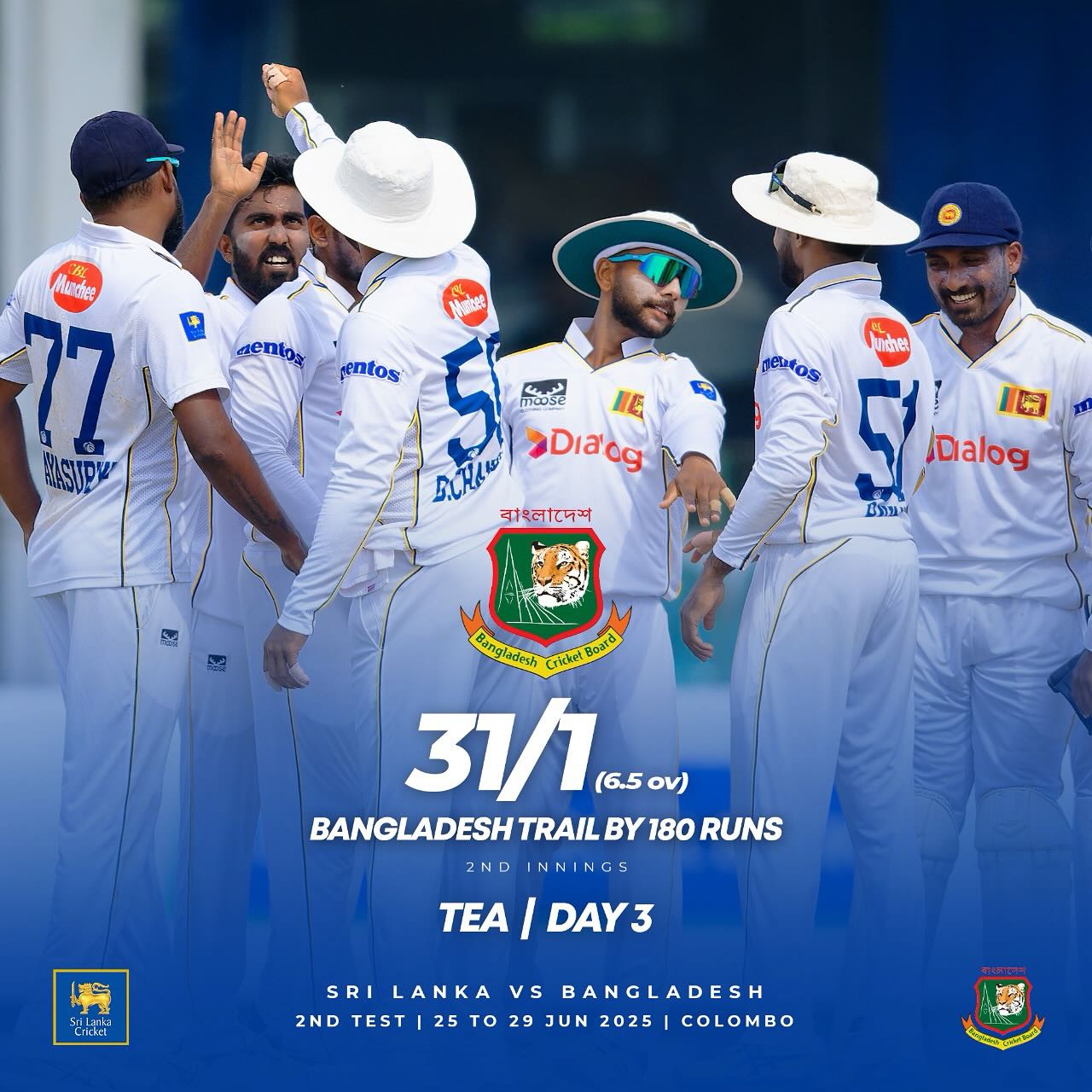 Match update: Sri Lanka's brilliance leaves Bangladesh 180 runs down at tea break in play
