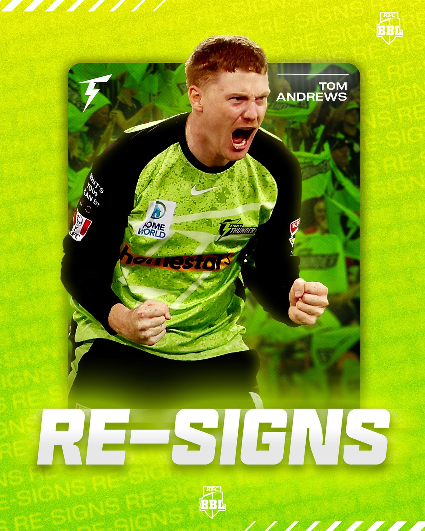 Tom Andrews Re-Signs With Thunder BBL15 Left-arm spinner commits to Thunder in lime green, promising an electrifying season ahead.