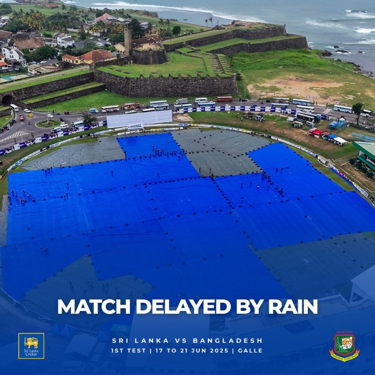 Weather Delay Hampers Galle Test in SLvBAN Clash Galle Test Pause: Rain Delays Play with Grounds Fully Covered Awaiting Weather Change Soon
