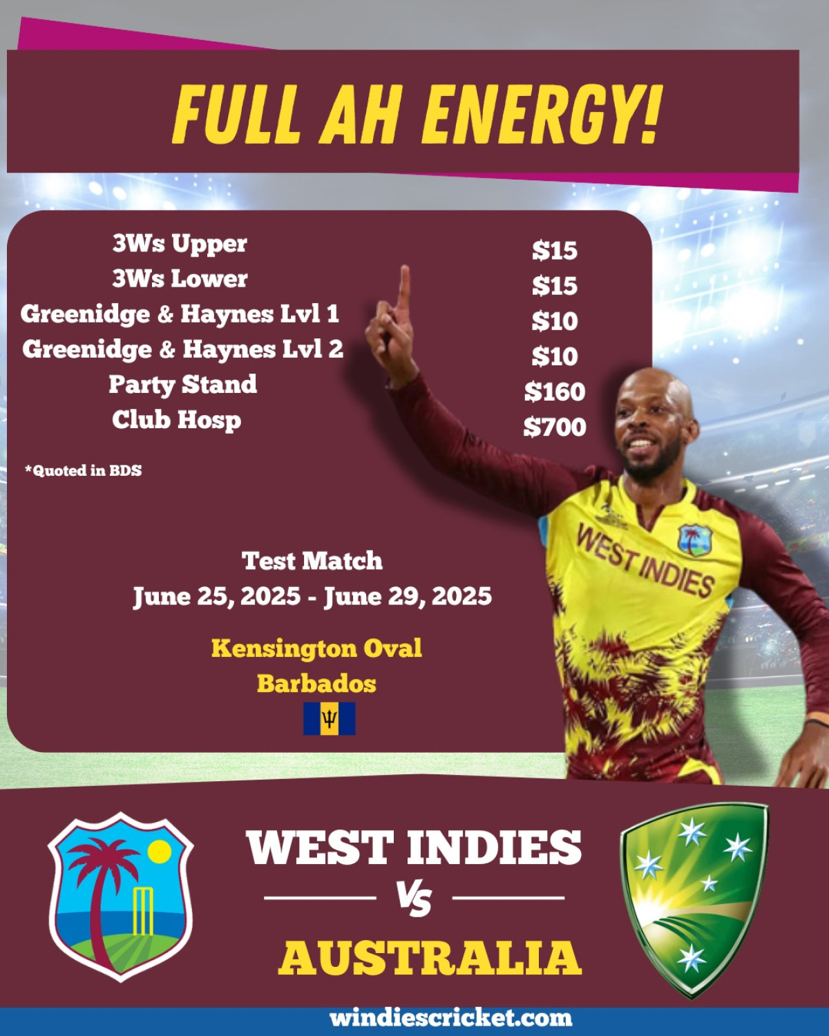 WI Brings Full Ah Energy In Barbados Box office opens June 20, 2025 in Barbados for electrifying WI matches and local energy!!!