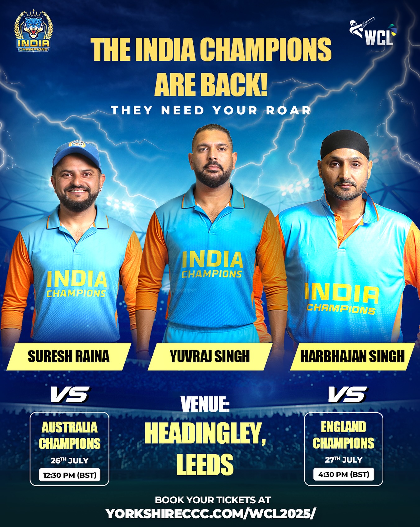 World Championship Of Legends Kicks Off 2025 Indian champions clash with Australia and England at Headingley in a legendary showdown.!!