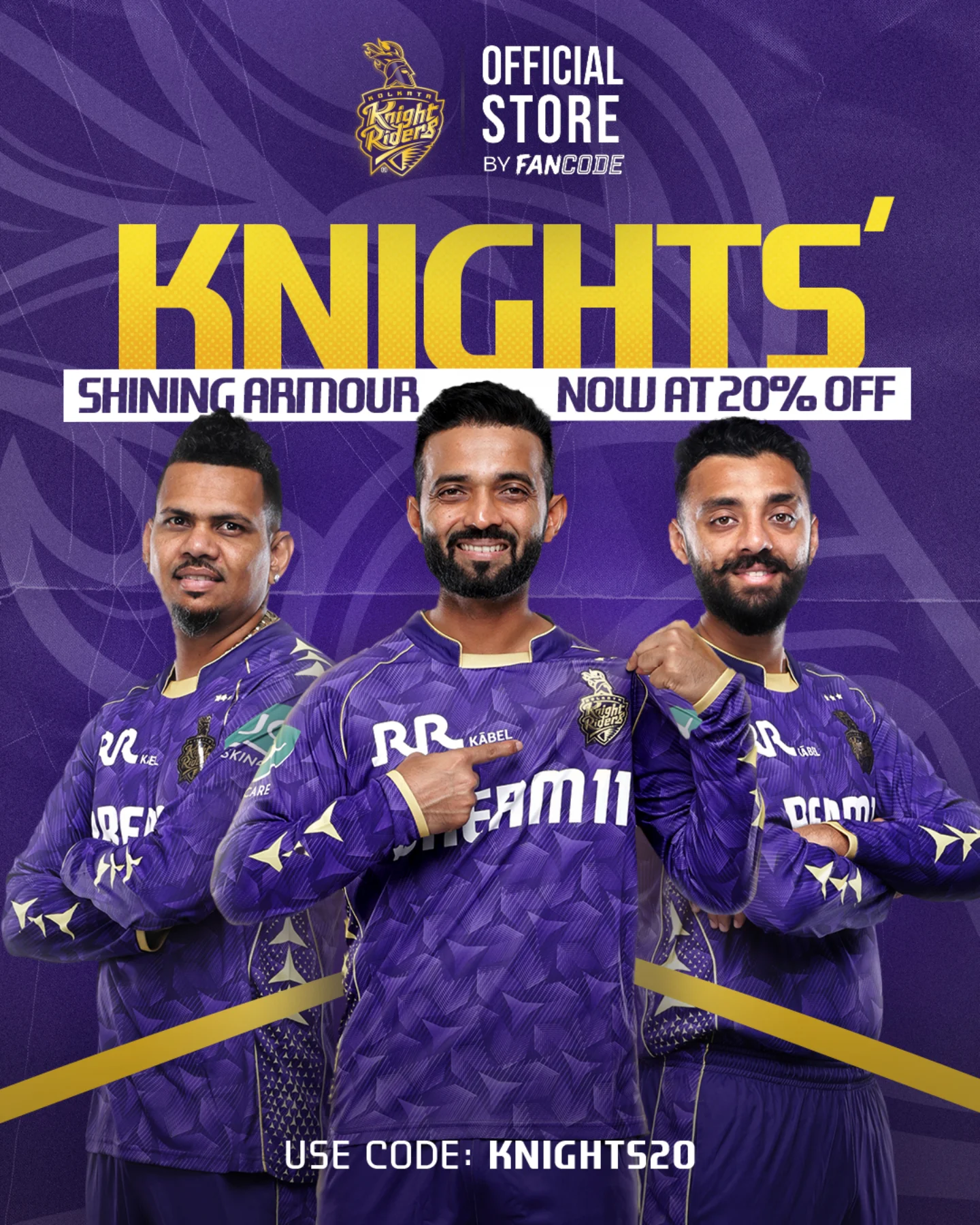Grab 20% off on KKR fan gear with KNIGHTS20 code – official merch awaits. Shop now! Hurry!
